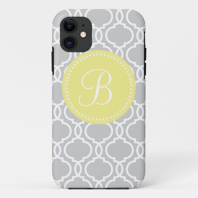 Quatrefoil Custom Monogram in Grey and Yellow Case-Mate iPhone Case (Back)