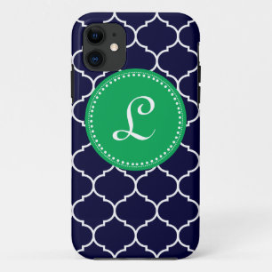 Quatrefoil Custom Monogram in Navy and Kelly Green iPhone 11 Case