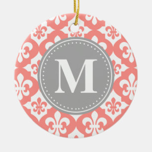 Quatrefoil Fleur-De-Lis Coral Pink Grey Monogram Ceramic Tree Decoration
