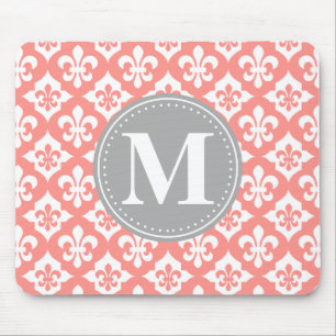 Quatrefoil Fleur-De-Lis Coral Pink Grey Monogram Mouse Mat