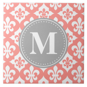 Quatrefoil Fleur-De-Lis Coral Pink Grey Monogram Tile