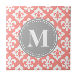 Quatrefoil Fleur-De-Lis Coral Pink Grey Monogram Tile