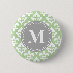 Quatrefoil Fleur-De-Lis Mint Green Grey Monogram 6 Cm Round Badge