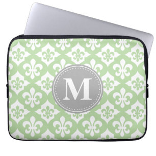 Quatrefoil Fleur-De-Lis Mint Green Grey Monogram Laptop Sleeve