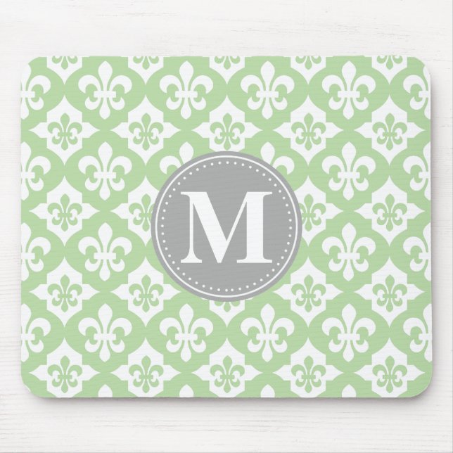 Quatrefoil Fleur-De-Lis Mint Green Grey Monogram Mouse Mat (Front)