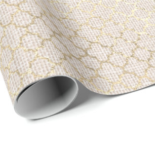 Quatrefoil Foxier Gold Beige Creamy Pink Linen Wrapping Paper