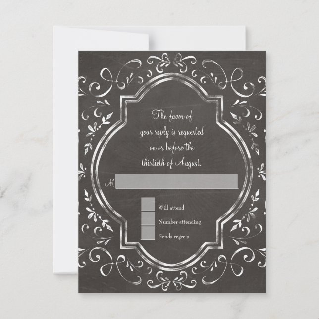 Quatrefoil Frame Script Swirl Chalkboard RSVP Card (Front)