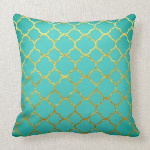 Quatrefoil Gold Patterns Teal Blue Seafoam Lattice Cushion