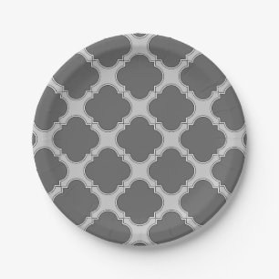 Quatrefoil in shades of gray paper plate