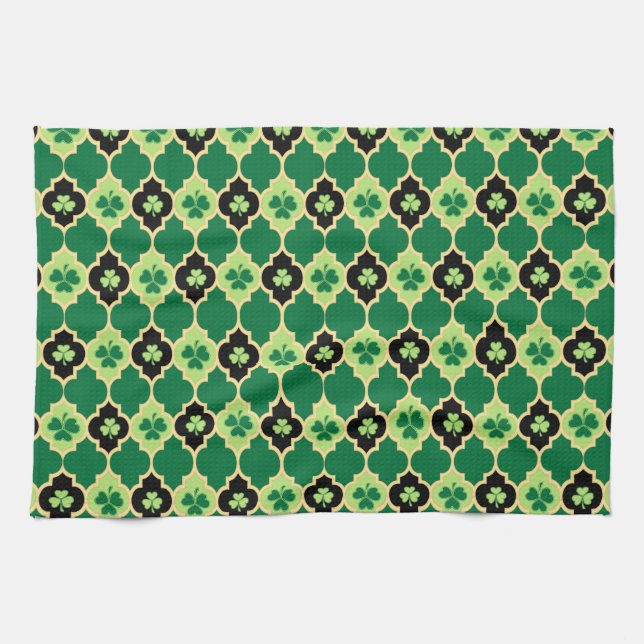 Quatrefoil Irish Shamrocks Tea Towel (Horizontal)