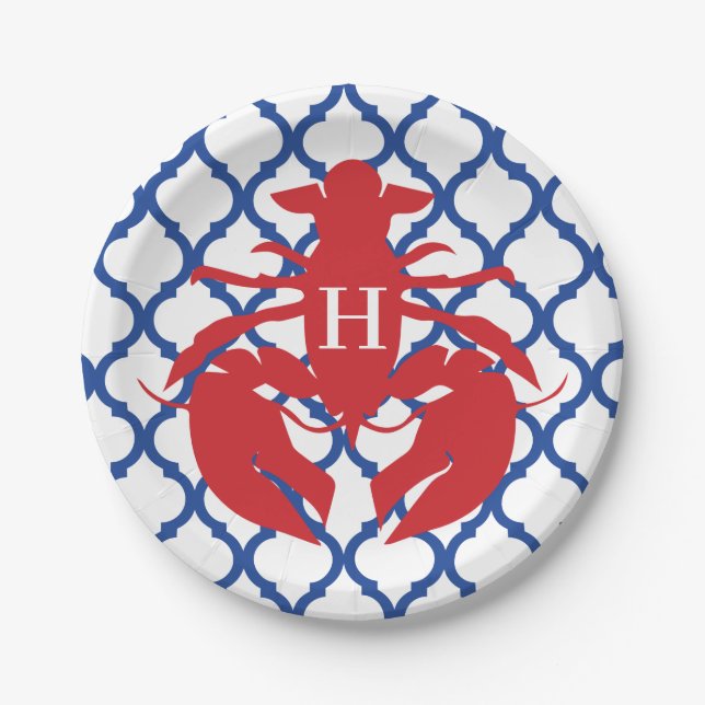 Quatrefoil Lobster Monogram Party Plates (Front)