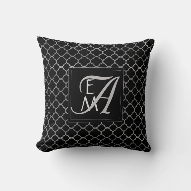 Quatrefoil MONOGRAM BLACK SILVER Newlyweds Wedding Cushion (Front)