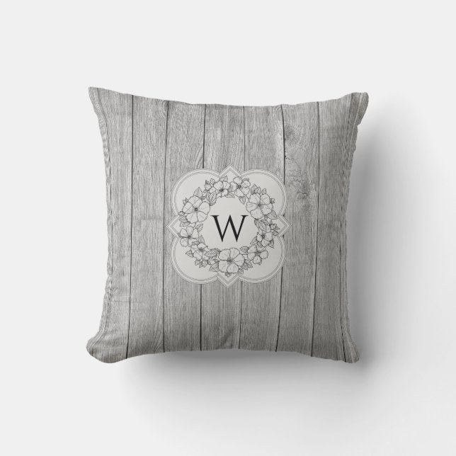 Quatrefoil Monogram Floral Wreath Grey Wood Grain Cushion (Front)