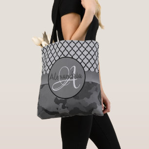 Quatrefoil Monogram Grey Camo Tote Bag