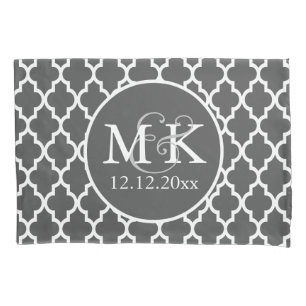 Quatrefoil Monogrammed Wedding Grey and White V2 Pillowcase