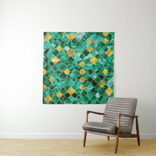 Quatrefoil Moroccan Pattern Malachite and gold Tapestry