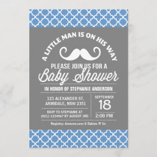 Quatrefoil moustache little man baby shower invitation