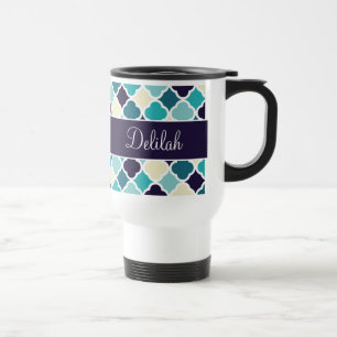 Quatrefoil Name Navy Blue Cream Travel Mug