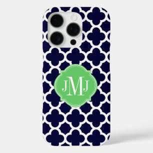 Quatrefoil Navy Blue and White Pattern Monogram iPhone 16 Pro Case