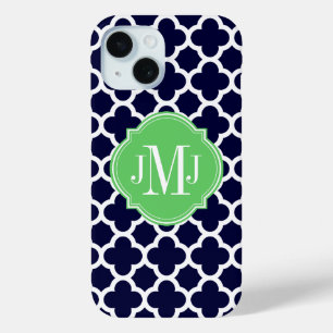 Quatrefoil Navy Blue and White Pattern Monogram iPhone 15 Case