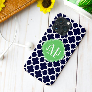 Quatrefoil Navy Blue and White Pattern Monogram iPhone 13 Pro Case