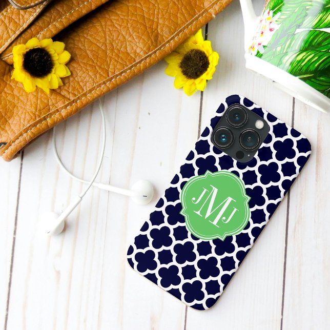 Quatrefoil Navy Blue and White Pattern Monogram Case-Mate iPhone Case (Quatrefoil Navy Blue and White Monogram iPhone Case back view.)