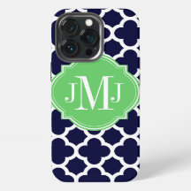 Quatrefoil Navy Blue and White Pattern Monogram