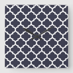 Quatrefoil Navy Blue Square Wall Clock