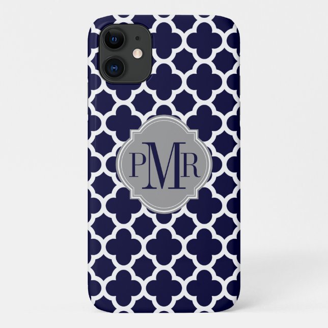 Quatrefoil Navy Blue White Pattern Grey Monogram Case-Mate iPhone Case (Back)