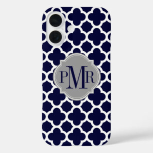 Quatrefoil Navy Blue White Pattern Grey Monogram iPhone 16 Case