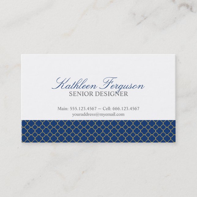 Quatrefoil navy blue yellow clover modern pattern business card (Front)