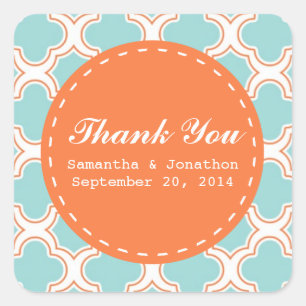Quatrefoil Pattern Aqua & Orange Wedding Thank You Square Sticker