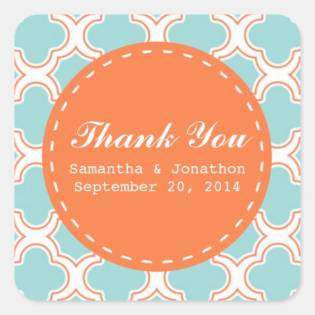 Quatrefoil Pattern Aqua & Orange Wedding Thank You Square Sticker (Front)