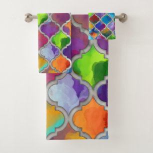 Quatrefoil pattern - Colourful watercolor Bath Towel Set