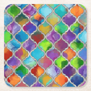 Quatrefoil pattern - Colourful watercolor Square Paper Coaster