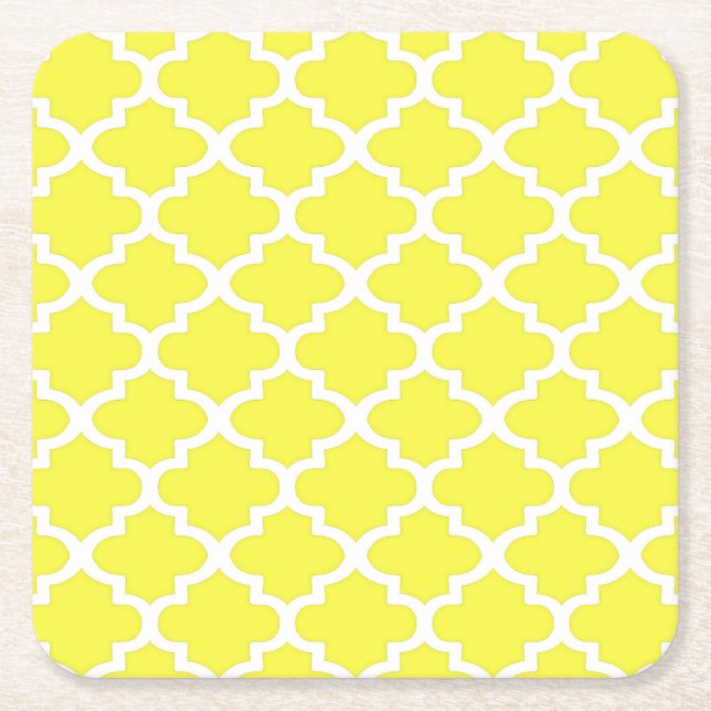 Quatrefoil Pattern In Citrus Yellow Square Paper Coaster (Front)