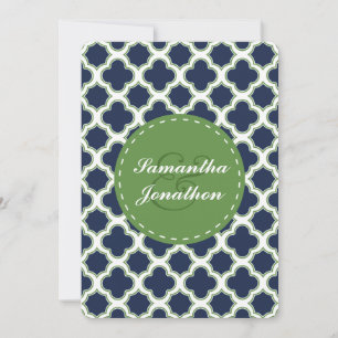 Quatrefoil Pattern Navy Blue & Green Wedding Invitation