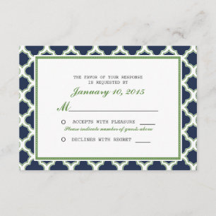 Quatrefoil Pattern Navy Blue & Green Wedding RSVP Card