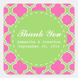 Quatrefoil Pattern Pink and Green Thank You Square Sticker