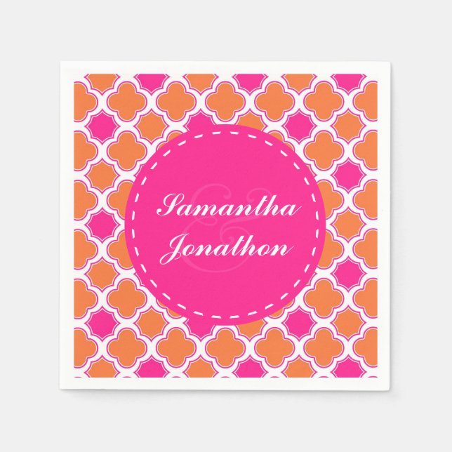 Quatrefoil Pattern Pink and Orange Wedding Napkin (Front)
