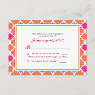 Quatrefoil Pattern Pink and Orange Wedding RSVP Card