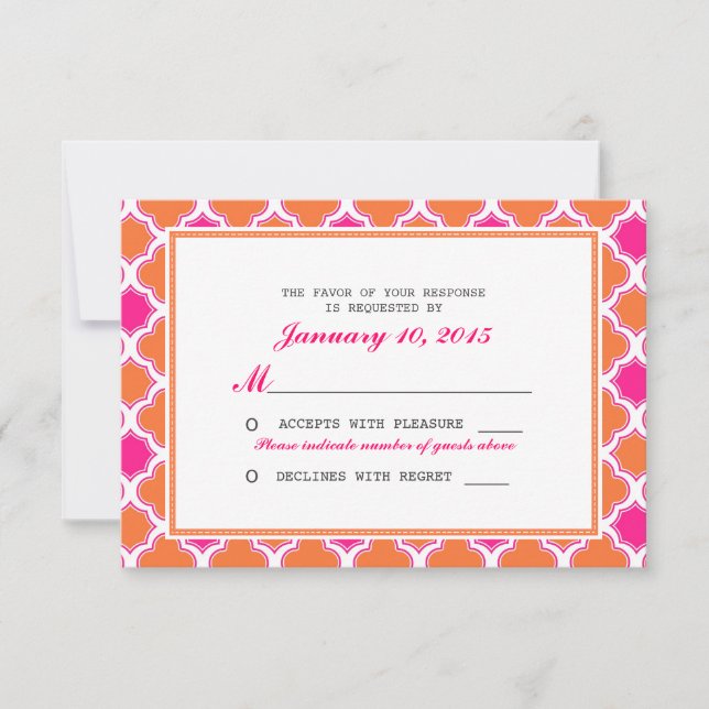 Quatrefoil Pattern Pink and Orange Wedding RSVP Card (Front)