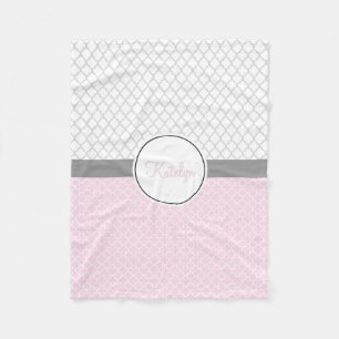 Quatrefoil Pattern Pink Grey   Custom Monogrammed Fleece Blanket
