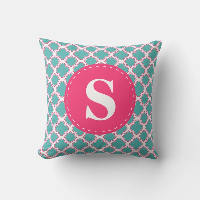 Quatrefoil Pattern Turquoise Blue & Pink Monogram Cushion (Front)