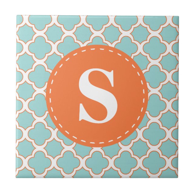 Quatrefoil Pattern Turquoise Orange with Monogram Tile (Front)