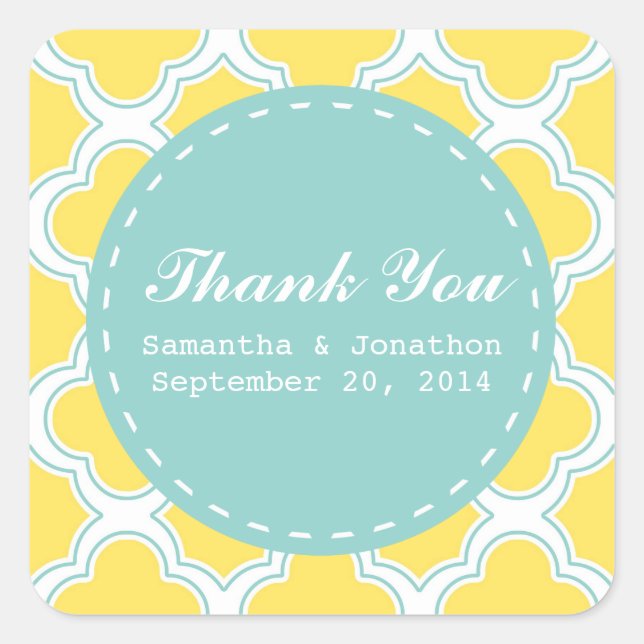 Quatrefoil Pattern Yellow Turquoise Thank You Square Sticker (Front)