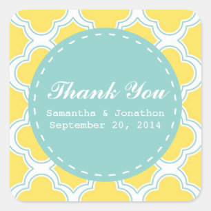 Quatrefoil Pattern Yellow Turquoise Thank You Square Sticker