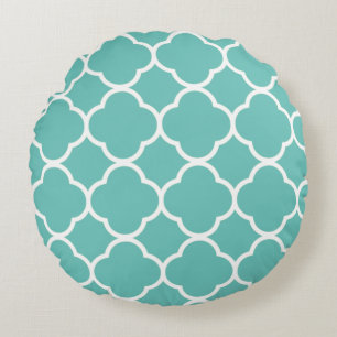 Quatrefoil Patterns Teal Blue White Custom Color Round Cushion