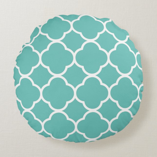 Quatrefoil Patterns Teal Blue White Custom Color Round Cushion (Front)