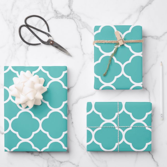 Quatrefoil Patterns Teal White Lattice Christmas Wrapping Paper Sheet (Front)